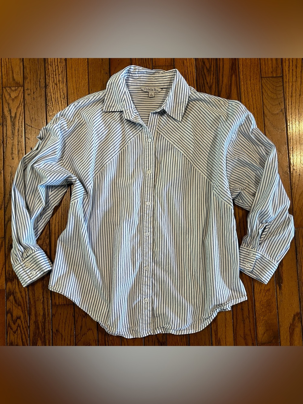 Ophelia Roe Blue White Striped Button Front Collared Blouse Large